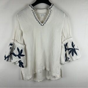 Chico's Cream and Navy Embroidered linen boho bell sleeve Blouse 0 read